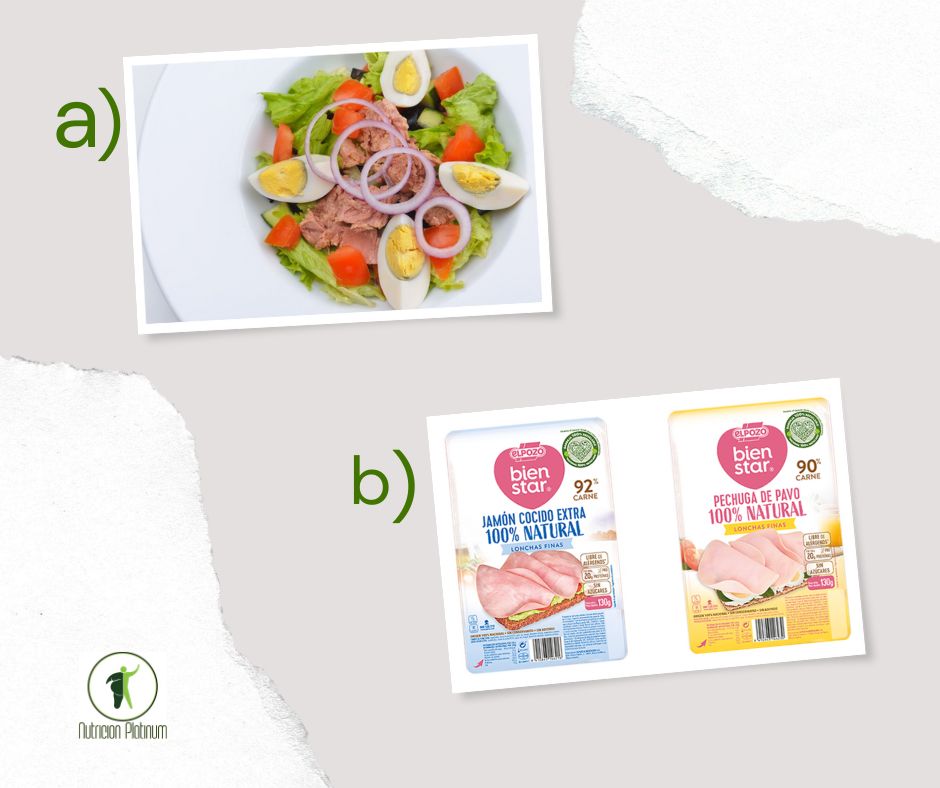 Ensalada de toda la vida con jamón o pavo en conserva.